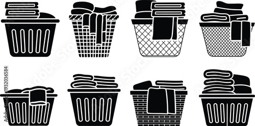 Laundry basket silhouette icon set with clothes