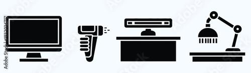 Cashier Register Equipment and Barcode Scanner Hardware Icons Set vector illustration