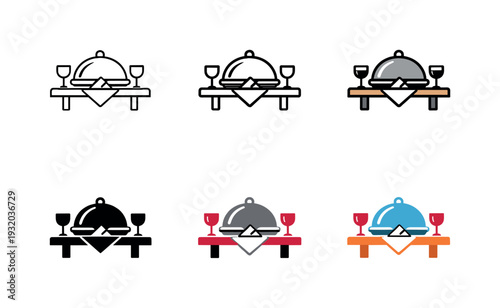 Hospitality focused dining icon showing a prepared table and covered dish that symbolize restaurant service and shared meals,