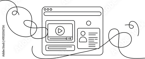 A continuous line drawing represents a modern web browser interface. The layout features a video player window alongside a user profile section and text blocks.