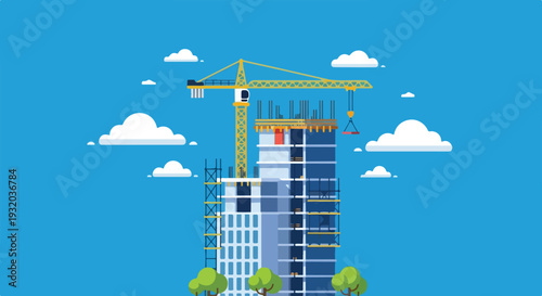 A vibrant vector illustration showcases a modern skyscraper under construction with a towering yellow crane against a bright blue sky and scattered clouds.