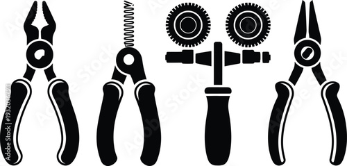 Professional Hand Tools and Pliers Icon Set Silhouette Vector