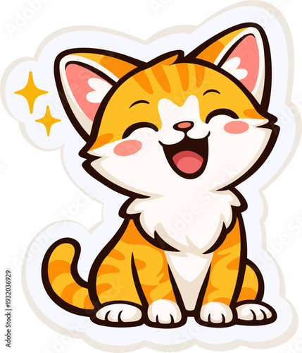 Cute vector sticker illustration of a happy ginger kitten with closed smiling eyes and rosy cheeks. The red tabby cat is sitting and expressing joy, decorated with small sparkle elements.