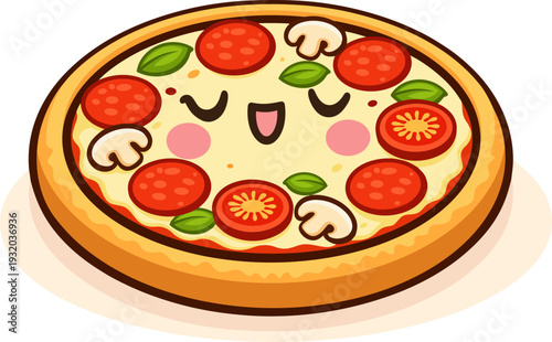 kawaii illustration of a smiling whole pizza with pepperoni, mushrooms, tomatoes, and basil leaves. The pizza features an adorable happy face with rosy cheeks