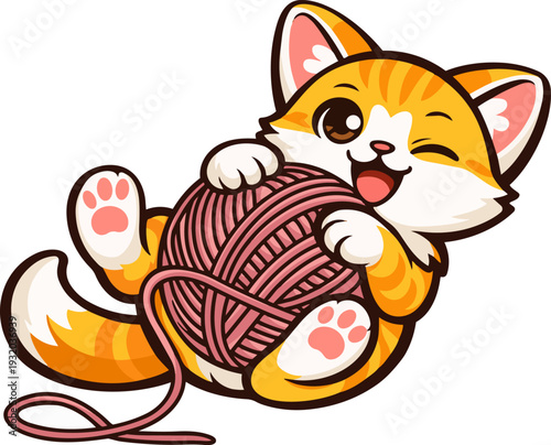 Cute vector illustration of a playful ginger kitten holding a pink ball of yarn. The cat is winking and smiling, drawn in a bright cartoon style with bold outlines and simple shapes.