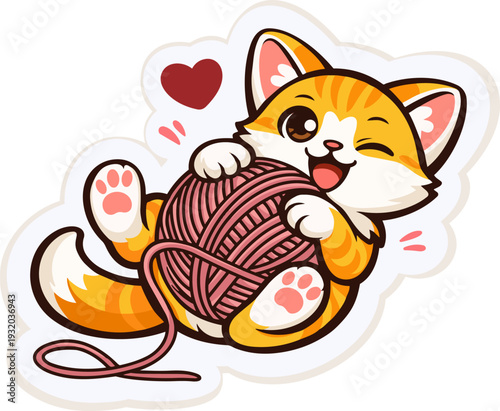 Kawaii sticker illustration of a playful ginger kitten hugging a ball of yarn. Cute cartoon cat winking and smiling while playing.