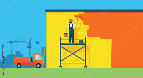 A construction worker on scaffolding paints a yellow building wall orange, while a crane and dump truck operate at a distant construction site.