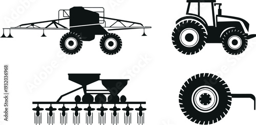 Agricultural Machinery and Farming Equipment Silhouette Vector Icons Set
