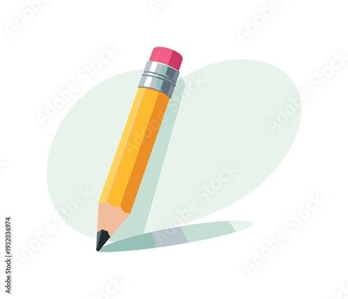 Classic yellow pencil with pink eraser and metal ferrule casting a shadow on a light background