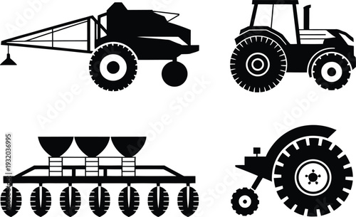 Agricultural Machinery and Farming Equipment Silhouette Vector Icons Set