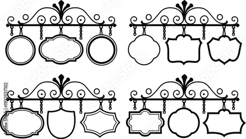 Vintage Wrought Iron Hanging Signboard Vector Set with Ornamental Frames