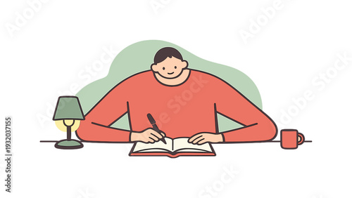 Person writing in a notebook at a desk with a lamp and coffee cup