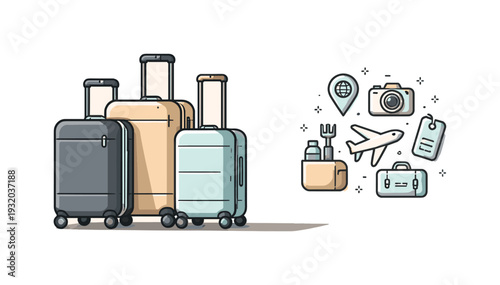 Collection of travel essentials including luggage, airplane, camera, and location pin