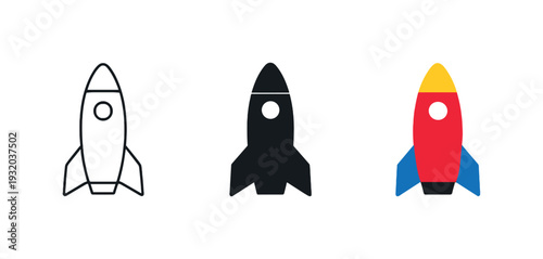 Forward-looking scene depicted by a simple rocket pointing upward with fins and nose cone, uniform silhouette shown three times