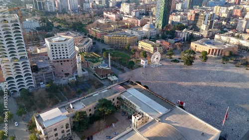 Aerial drone view of buildings downtown Tirana, Albania