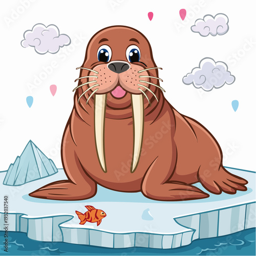 Cartoon walrus on ice floe with fish