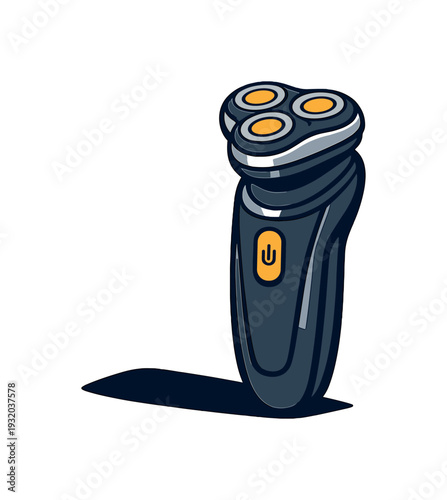 Modern electric shaver with three rotary heads and power button on a white background