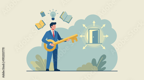 Businessman Holding Golden Key to Unlock New Opportunities and Success, Concept of Creative Idea, Knowledge, and Strategic Vision for Career Growth and Business Development Flat Vector Illustration