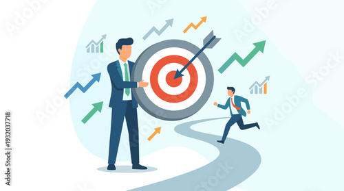 Businessman holding a large target with an arrow in the bullseye while another professional runs towards it on a winding path, symbolizing business goals, achievement, success, and growth strategy.