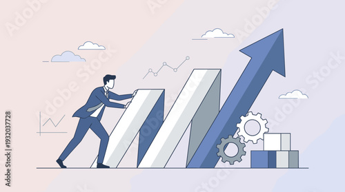 Businessman Pushing Large Upward Arrow for Business Growth and Success Concept, Professional Strategy for Financial Progress, Achievement and Corporate Development Vector Illustration Background