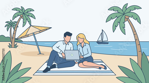 Business people working with laptop on the beach. Flat vector illustration of a man and woman in formal attire sitting on sand under palm trees, representing remote work and digital nomad lifestyle.