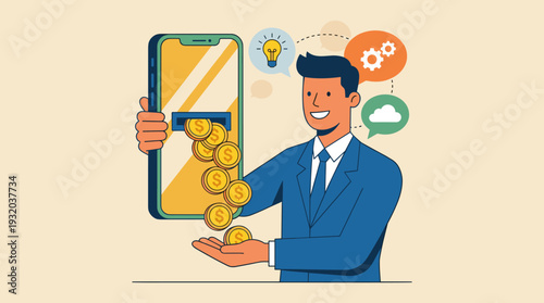 Businessman in Blue Suit Earning Money Online with Smartphone, Gold Coins Flowing from Mobile Screen into Hand, Concept of Digital Income, Financial Success, E-commerce and Mobile Banking App