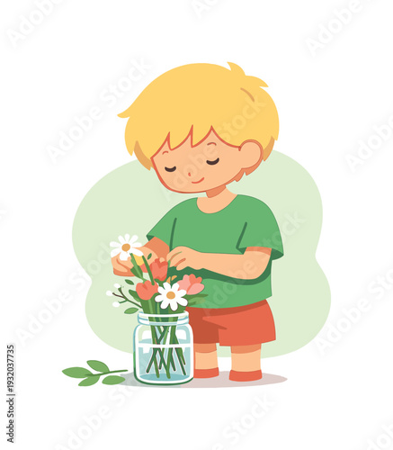 Sunny child arranges flowers in a glass jar, turning stems carefully, loose leaves aside, soft light filling space. | arranging