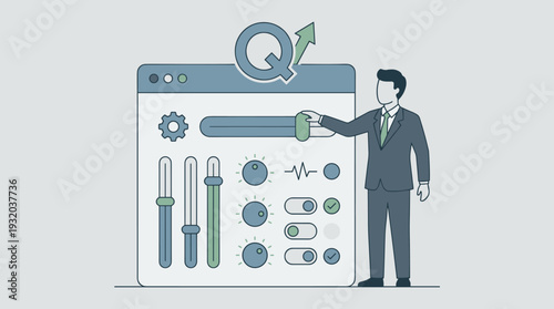 Businessman Adjusting Sliders and Knobs on a Digital Control Panel Interface with a Quality Symbol and Gear Icon; Concept of System Optimization, Performance Tuning, and Business Management.