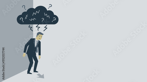 Stressed Businessman Standing in Corner Under Dark Storm Cloud with Question Marks and Lightning, Vector Illustration Representing Work Pressure, Anxiety, Burnout, Mental Health, and Failure