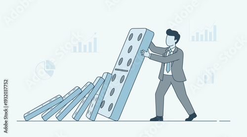 Businessman stopping falling dominoes to prevent a chain reaction and financial crisis, representing risk management, strategic intervention, and economic stability with data chart background.