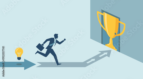 Businessman in Suit Running on Arrow Path Towards Golden Trophy in Open Doorway, Concept of Career Growth, Business Success, Achievement, Motivation, Innovation, and Reaching Professional Goals.