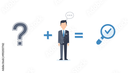 Business Concept Vector Illustration of a Businessman with Question Mark and Magnifying Glass with Checkmark Symbolizing Problem Solving, Finding Answers, Research, and Analysis Process.