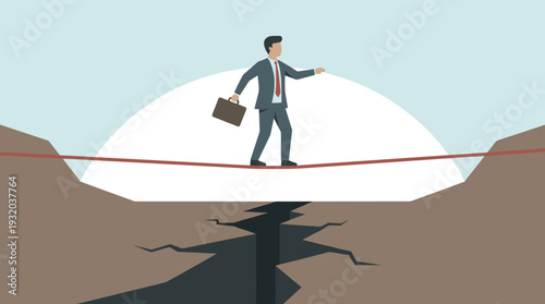 Businessman in a Professional Suit Walking on a Tightrope Over a Deep Ground Crack, Concept of Risk Management, Overcoming Business Challenges, Courage, Balance, and Success in Uncertain Times