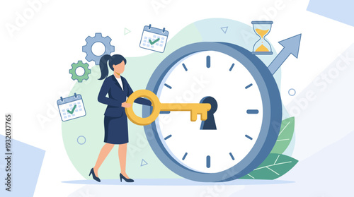 Businesswoman Unlocking a Large Clock with a Golden Key, Concept of Time Management, Effective Planning for Productive Work, Meeting Deadlines, Productivity, and Business Success Strategy