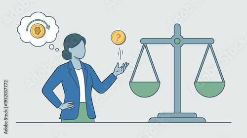 Businesswoman tossing a gold coin with a question mark to make a choice by chance next to a balance scale. Concept of business decision making, risk assessment, uncertainty, and weighing options.