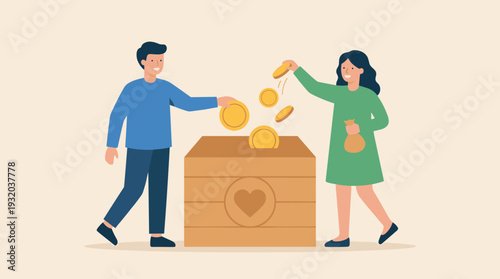 Charity and Money Donation Concept with People Putting Gold Coins into a Donation Box with Heart Symbol. Man and Woman Giving Financial Support for Social Issues, Philanthropy, and Community Help.