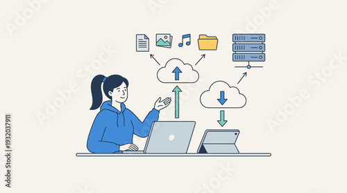 Woman Using Cloud Storage Services for Uploading and Downloading Files and Data, Flat Vector Illustration of Web Computing, Data Transfer Between Laptop, Tablet, and Remote Server Infrastructure