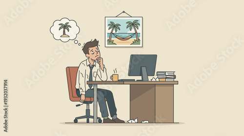 Tired businessman sitting at office desk dreaming of tropical vacation, overworked employee feeling burnout and stress, vector illustration of man thinking about beach holiday and relaxing travel.