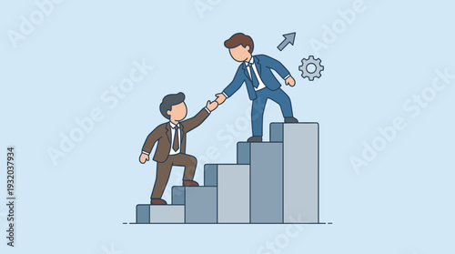 Businessman Helping Colleague Climb Stairs for Success, Teamwork and Partnership Concept in Corporate Environment, Professional Mentorship and Leadership Support for Career Growth and Progress