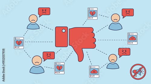 Negative Feedback and Hate Speech Concept Illustration with Thumbs Down Symbol, Sad People Icons, Angry Comments, and Social Media Posts Representing Cyberbullying and Online Harassment