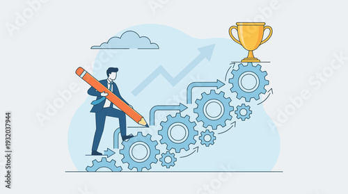 Businessman in Suit Climbing a Staircase of Gears with a Giant Pencil Towards a Golden Trophy, Concept of Creating Your Own Path to Success, Career Growth, Innovation, and Strategic Achievement