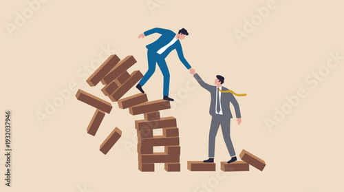 Businessman Standing on a Collapsing Wooden Block Tower Being Rescued by a Colleague, Concept of Business Help, Support, Crisis Management, Teamwork, and Stability During Financial Risk