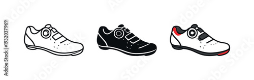 Cycling Shoe Silhouettes. Open road scenario featuring a cycling shoe with rigid sole and fastening dial, clearly defined by