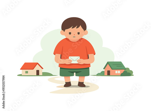 Young boy holding a letter in his hands, standing between two houses on a path