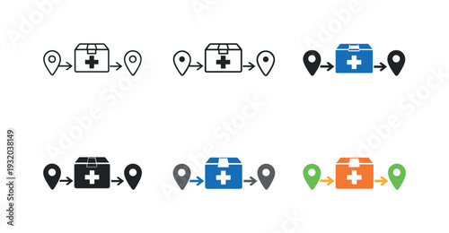 Medical delivery icons showing a box with a cross from location A to location B