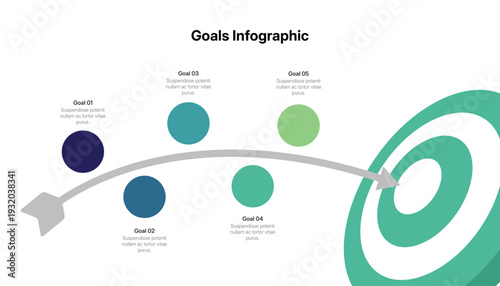 Five Step Goals Infographic With Arrow Hitting A Target