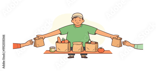 Gentle volunteer hands out food parcels, arms reaching wide as paper bags shift and space stays orderly | volunteer food parcels,