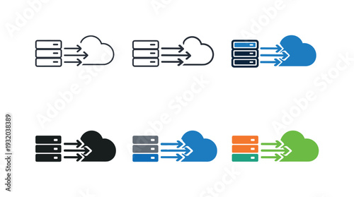 Cloud adoption concept icon illustrating a server or database moving toward a cloud via directional arrows to represent migration