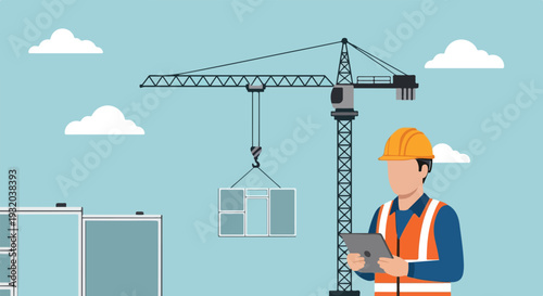 A construction worker in a hard hat and safety vest uses a tablet while a large crane lifts a modular building section against a blue sky.