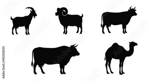 Silhouettes of various farm and wild animals in a single composition